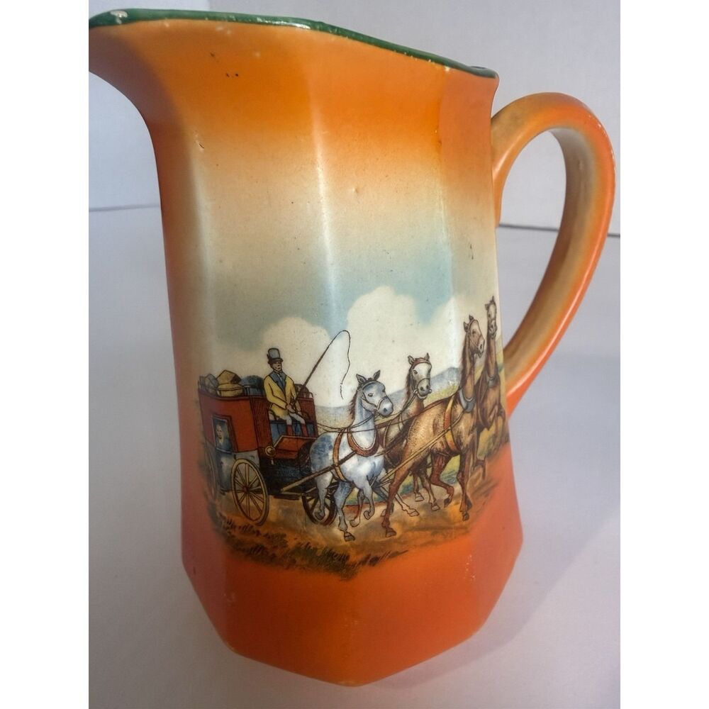 Ceramic Octagonal Pitcher Orange Glossy Horse Carriage Scene Czechoslovakia